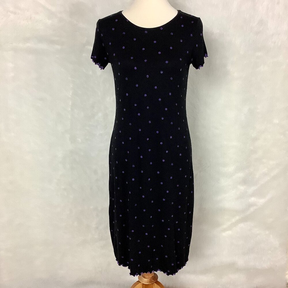 Gudrun Sjoden Black Purple Polka Dot Ruffle Lettuce Hem Dress S